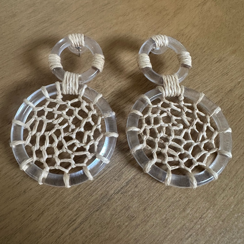 Beige and Clear Lucite Lightweight Woven Hoop Earrings